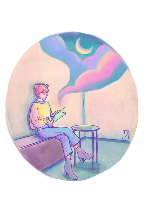 Illustration of a girl with pink hair reading, a dream like scene with the moon at the centre is coming out of the book.