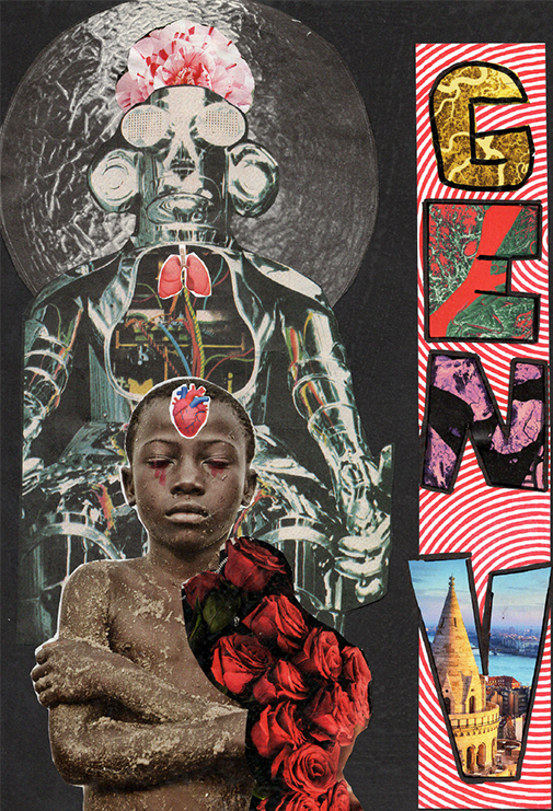 Collage depicting a black child with eyes closed in front of a robot and a planet. Text reads GEN V