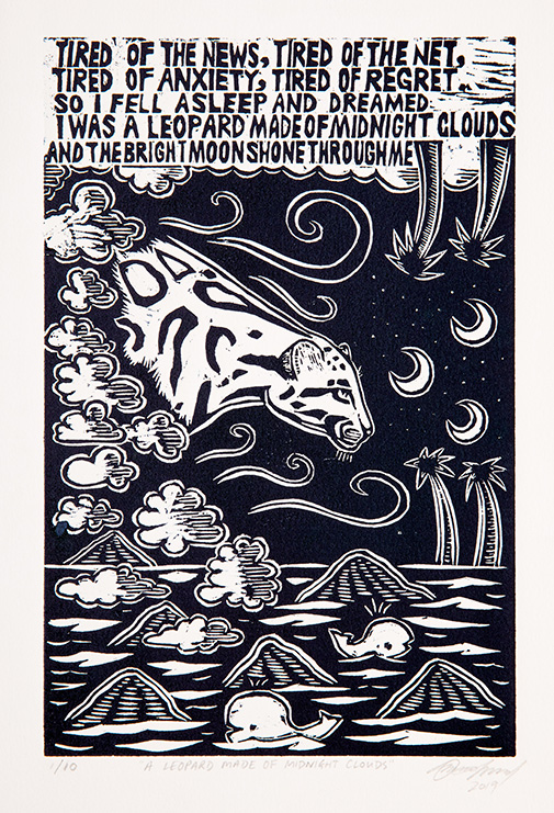 A black and white woodcut illustration of a leopard coming out of the night sky by omar musa